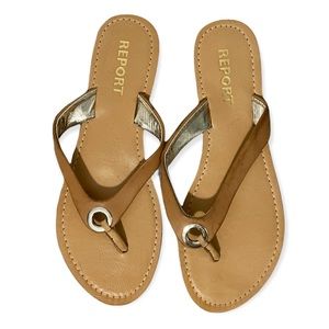 Report Brown Gold Faux Leather Thong Flip Flop Sandals 8.5